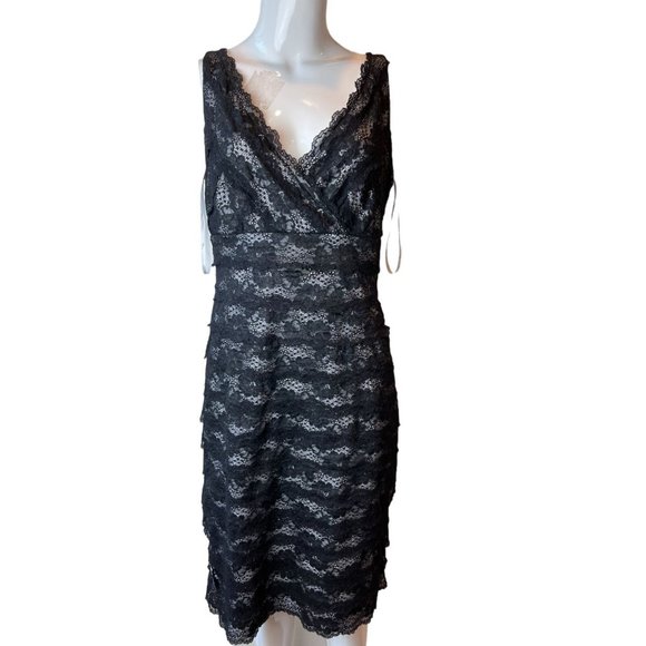 Suzi Chin Maggy Boutique Womens Evening Dress Tiered Lace V-Neck Black Nylon 10 - Picture 1 of 7